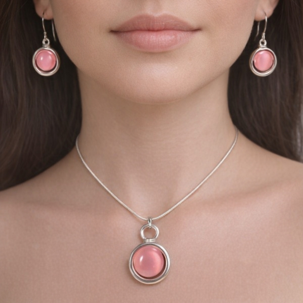 Pink Silver Coral Pendant Necklace & Earrings Set - Women's Fashion Jewelry